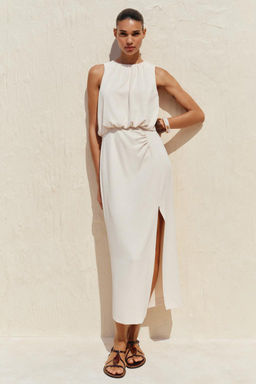 GATHERED WAIST MIDI DRESS