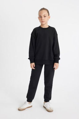 K?z Cocuk Siyah Standart Fit Beli Pacas? Lastikli Okul Jogger Esofman Alt?