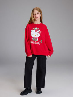 Bisiklet Yaka Hello Kitty Bask?l? Kal?n K?z ?ocuk Sweatshirt