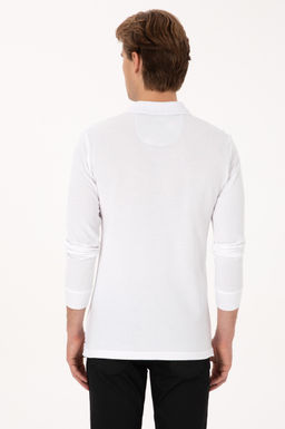 Erkek Slim Fit Polo Yaka Beyaz Basic Sweatshirt
