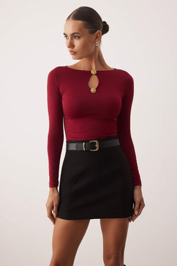 Bordo Fitted/Vucuda Oturan Aksesuar/Cut out Detayl? Uzun Kollu Esnek Orme Bluz TWOAW26BZ00130