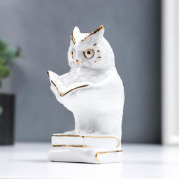 Сувенир керамика "Филин с книгой, на книгах" белый с золотом 12 см