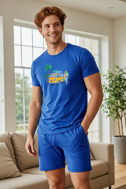 TRENDYOL MAN Indigo Regular Bask?l? Fit Sortlu Orme Pijama Tak?m? TMNSS25PT00076
