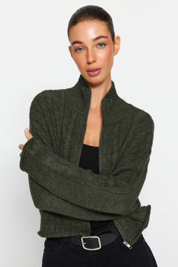 Haki Crop Yumusak Dokulu Fermuarl? Sac Orgulu Triko H?rka TWOAW24HI00202