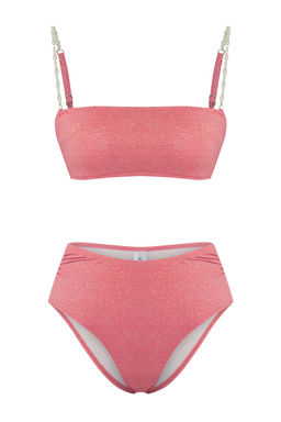 TRENDYOLMILLA Mavi Straplez Inci Aksesuarl? Simli Yuksek Bel Regular Bikini Tak?m? TBESS25BT00060  фото 5