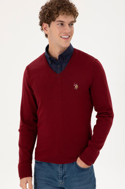 Erkek Slim Fit V Yaka Bordo Basic Kazak - U.s. polo assn фото 3
