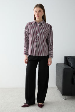 Koyu Kahverengi-Ekru Cizgili Yar?m Dugmeli Oversize Dokuma Bluz TWOSS26BZ00565 - Trendyolmilla фото 12