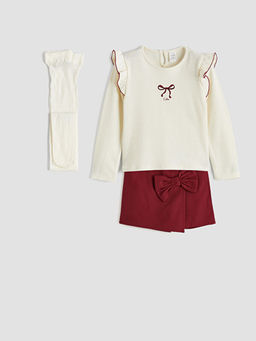 Fiyonk Detayl? K?z ?ocuk Bluz ?ort Etek ve K?lotlu ?orap