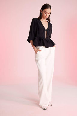 Wide Leg Cift Cepli Yuksek Bel Basic Duz Standart Boy Kemerli Modal Siyah Pantolon - Defacto фото 2