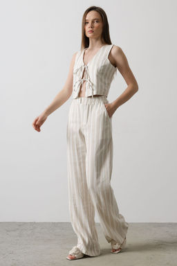 TRENDYOLMILLA Bej Keten Gorunumlu Cizgili Beli Lastikli Cigarette Pantolon TWOSS25PL00037 фото 4