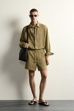 CAMISA RELAXED FIT JACQUARD CUADROS LINO - ALGOD?N / Khaki claro