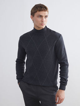 Yar?m Bal?k?? Yaka Uzun Kollu Desenli Erkek Triko Kazak