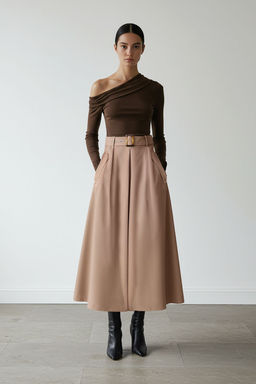 Bej Kemerli Dokuma Midi Etek TWOAW26ET00034