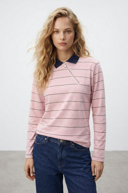 Pembe Cizgili Regular/Normal Kal?p Polo Yaka Fermuar Tok %100 Pamuk Orme T-shirt TWOSS26TS00033