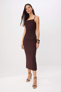 Kahverengi Bodycon Kare Yaka _nce Ask_l_ Kolsuz T_l _rme Elbise TWOSS26EL00486 - Trendyolmilla фото 2
