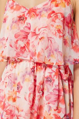 Pembe Cicek Desenli Belden Ac?lan Boho Astarl? Sifon Ucus Ucus Dokuma Mini Elbise TWOSS23EL01445