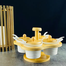 140-087 Набор из 5 банок 100 мл для специй с ложками на подставке BAMBOO в под.уп.(х12)Фарфор