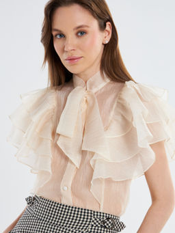 Блузка из органзы с рюшами и бантом OD-929-4 молочный - Tantino фото 2