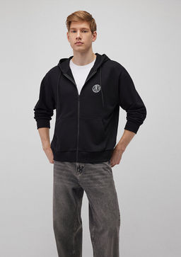 MVJNS Logo Bask?l? Fermuarl? Kapusonlu Siyah Sweatshirt