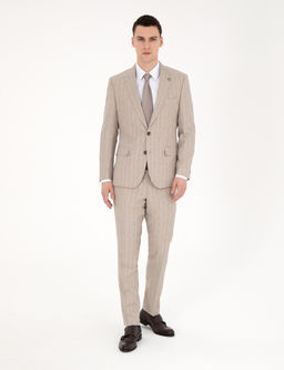 Bej Slim Fit Y_n Keten Kar___ml_ _izgili Tak_m Elbise