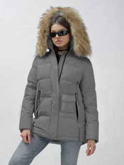 Куртка женская зимняя с мехом енот премиум класса серого цвета 3215Sr - Visdeer фото 14