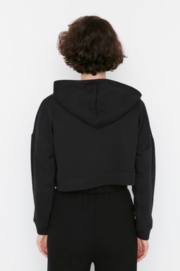 Siyah Basic Fermuarl? Kapusonlu Crop Kal?n Ici Polarl? Orme Sweatshirt TWOAW20SW0660