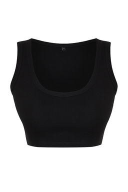 Siyah Ask?l? Super Crop Fitilli Esnek Orme Atlet TWOSS24AL00023