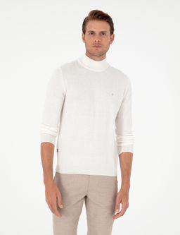 Ekru Slim Fit Yar_m Bal_k__ Yaka Basic Triko Kazak