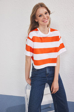 TRENDYOLMILLA Kahverengi Cizgili Bisiklet Yaka Loose Crop/Rahat K?sa Orme T-Shirt TWOSS25TS00193  фото 2