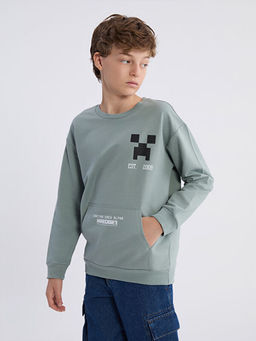 Bisiklet Yaka Minecraft Bask?l? Erkek ?ocuk Sweatshirt