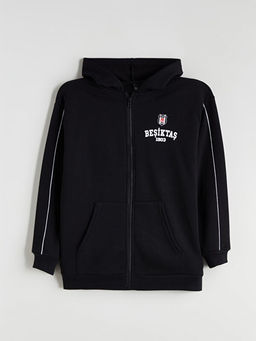 Kap??onlu Be?ikta? Bask?l? Erkek ?ocuk Fermuarl? Sweatshirt