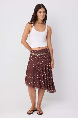 Kahverengi Puantiyeli Skater B_zg_l_ Asimetrik Normal Bel Midi T_l _rme Etek TWOSS26ET00270