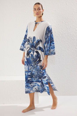 Tropikal Desenli Dokuma %100 Pamuk Maxi Plaj Elbise TBESS25EL00046