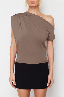 Vizon Regular/Normal Kal?p Asimetrik Yaka S?f?r Kol C?tc?tl? Esnek Orme Bluz TWOSS24BZ00396