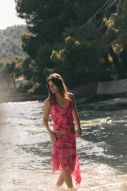 TOP HALTER TUL FLOCADO / Rosa medio