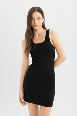Мини-платье Cool Bodycon с круглым вырезом в рубчик и лямками - Defacto фото 6