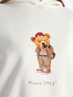 Kap??onlu Ay? Teddy Bask?l? Oversize Kad?n Kal?n Sweatshirt Tunik