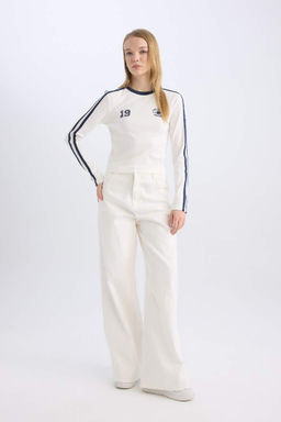 Женская белая классная футболка в рубчик с длинным рукавом с принтом - Defacto фото 2