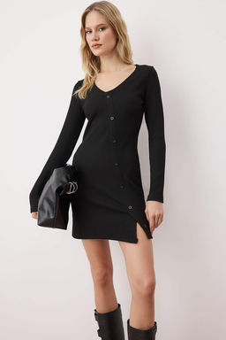 Bordo Duz Asimetrik Bodycone/Vucuda Oturan Dugmeli K?sa/Mini Orme Elbise TWOAW26EL00170 - Trendyolmilla фото 5