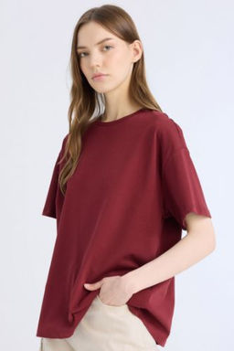 Oversize Genis Kal?p Bisiklet Yaka Basic Duz Kal?n Kumas K?sa Kollu Tisort