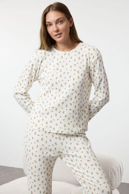 Trendyolmilla Ekru Yumusak Tuse Pamuklu Cicekli Fitilli Orme Pijama Tak?m? THMAW25PT00194  фото 9
