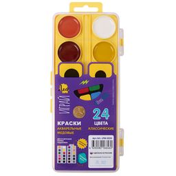 Краска акварель Лео Играй медовые, без кисти (классическая двухъярусная) в пластиковой упаковке с европодвесом LPW-0224 24 цв