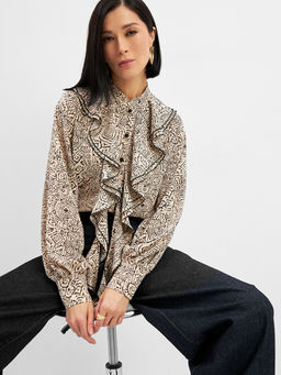 Блузка с отлетными рюшами OD-914-5 бежевый с черным