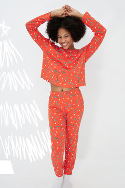 K?rm?z? %100 Pamuklu Y?lbas? Temal? Orme Pijama Tak?m? THMAW21PT0771