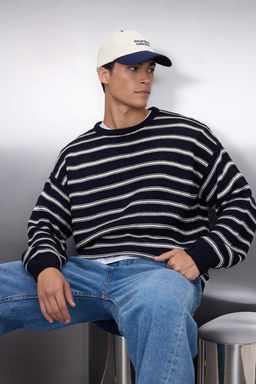 TRENDYOL MAN Lacivert Casual Unisex Oversize Bisiklet Yaka Cizgili Triko Kazak TMNAW25KZ00025 - Trendyolmilla фото 21