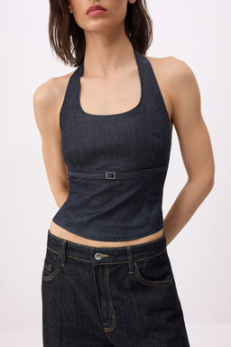 Koyu Mavi Halter Yaka Ekstra Esnek Denim Bluz TWOSS26BZ00507