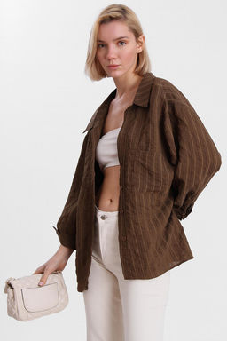 Kahverengi Cizgili Oversize/Genis Kal?p Dokulu Gomlek TWOAW26GO00083