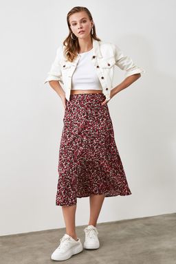 Cok Renkli Y?rtmac Detayl? Cicek Desenli Viskon Kumasl? Midi Dokuma Etek TWOSS20ET0230