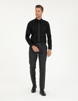 Siyah %100 Pamuk Parlak Saten Slim Fit Uzun Kollu Basic G_mlek