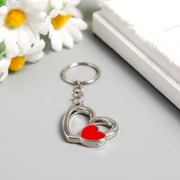 Цена за 12 шт. Брелок для ключей на кольце Двойное сердечко, металл, серебро с красным, 2.6?3 см